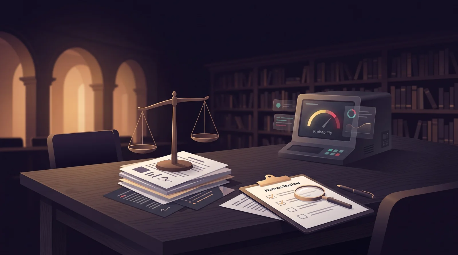 University review desk with human review checklist and AI probability scanner